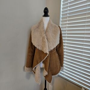 Elegant Tan Faux Leather Jacket with Cream Details